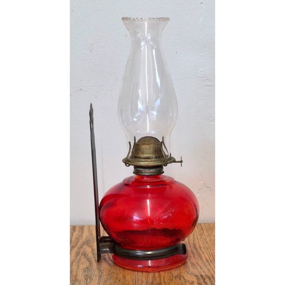 Vintage Red Glass P & A Dorset Thomaston CT Hurricane Oil Lamp Wall Bracket